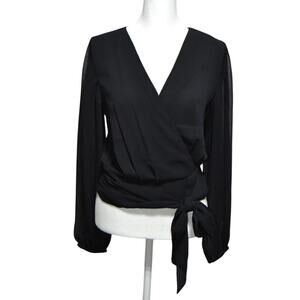 Express NWT Balloon Sheer Sleeve Wrap Tie Waist Top Black Size Small